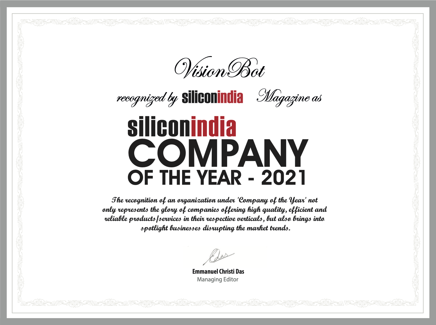 SiliconIndia Certificate